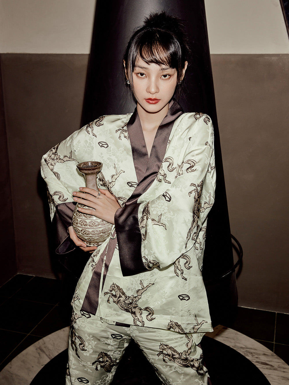 MUKZIN Color Block Printed Retro Style Shirt + Pants Set