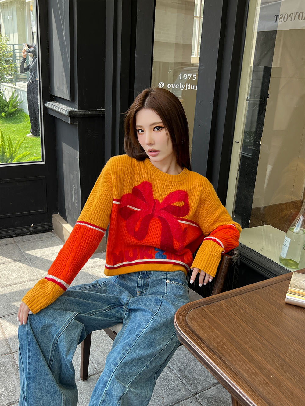 MUKZIN Bowknot Ginger and Red Color Blocking Sweater