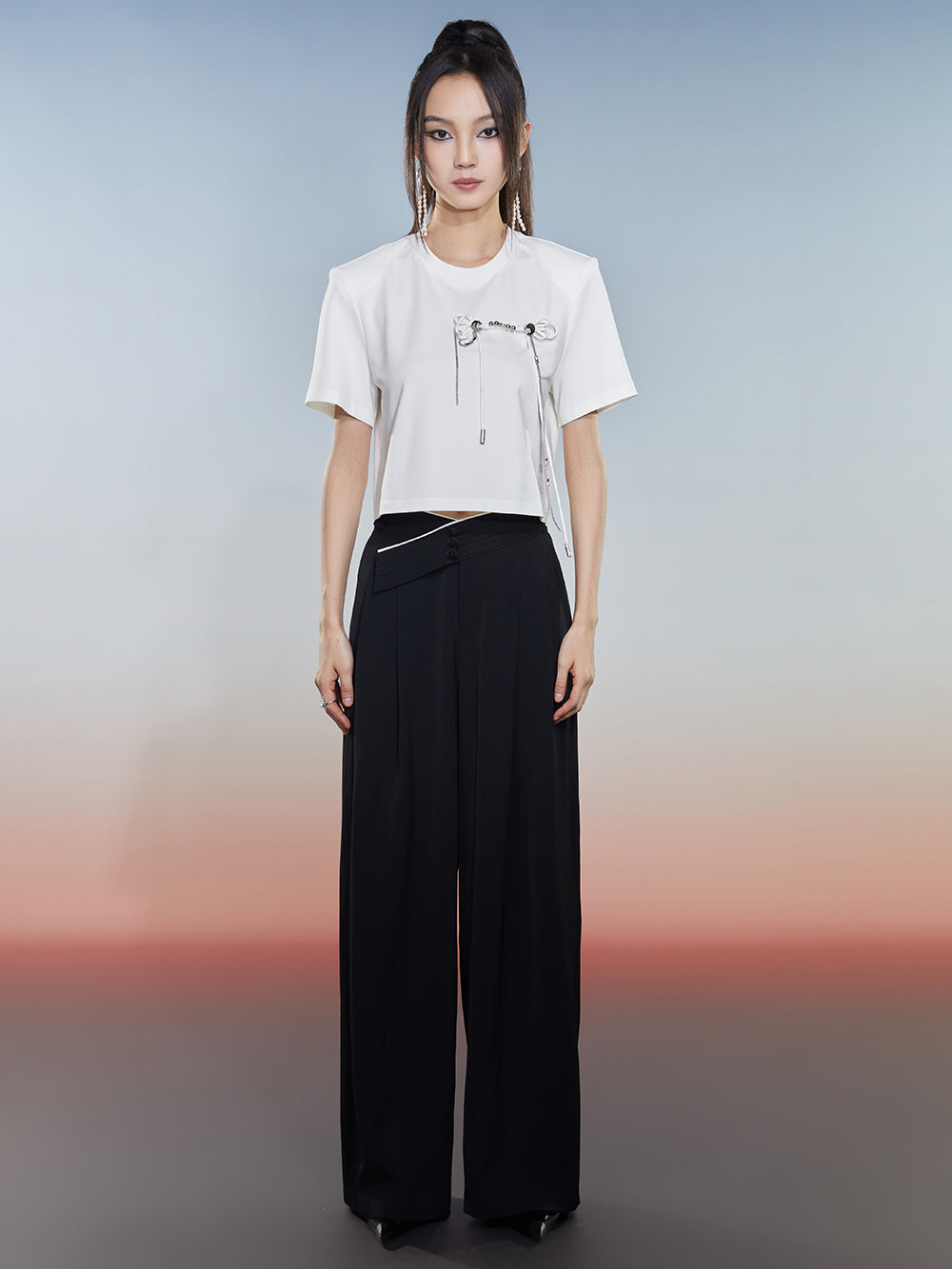 MUKZIN Black Loose Suit Pants with Crossover Design at the Waist
