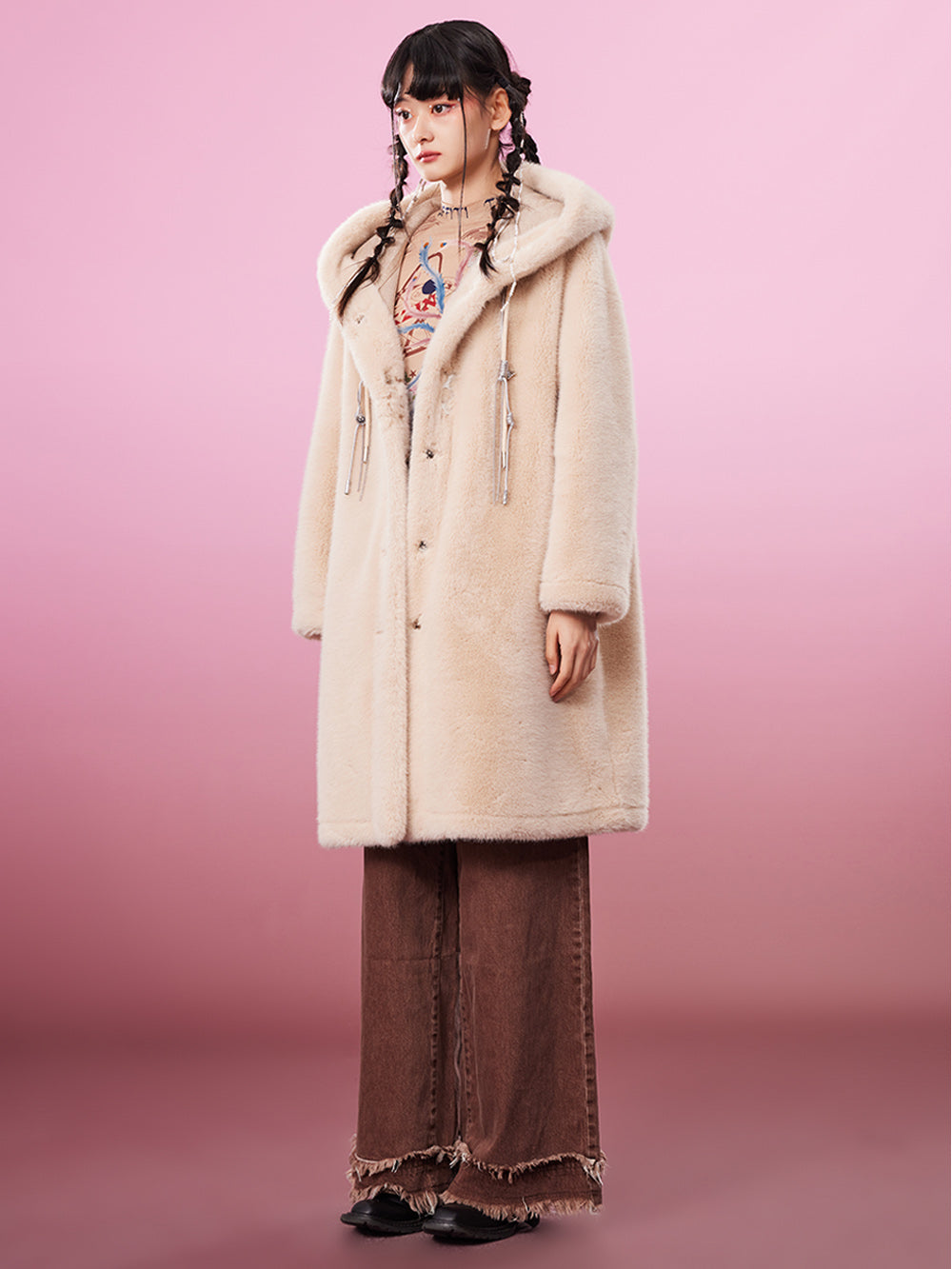MUKZIN Cute Warm Long Beige Fur Coat