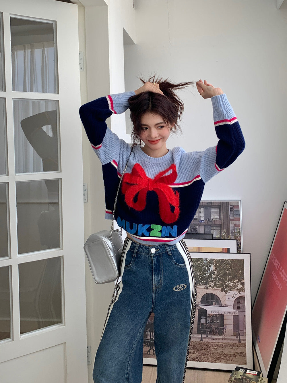 mukzin ニット MUKZIN Bowknot Ginger and Red Color Blocking Sweater