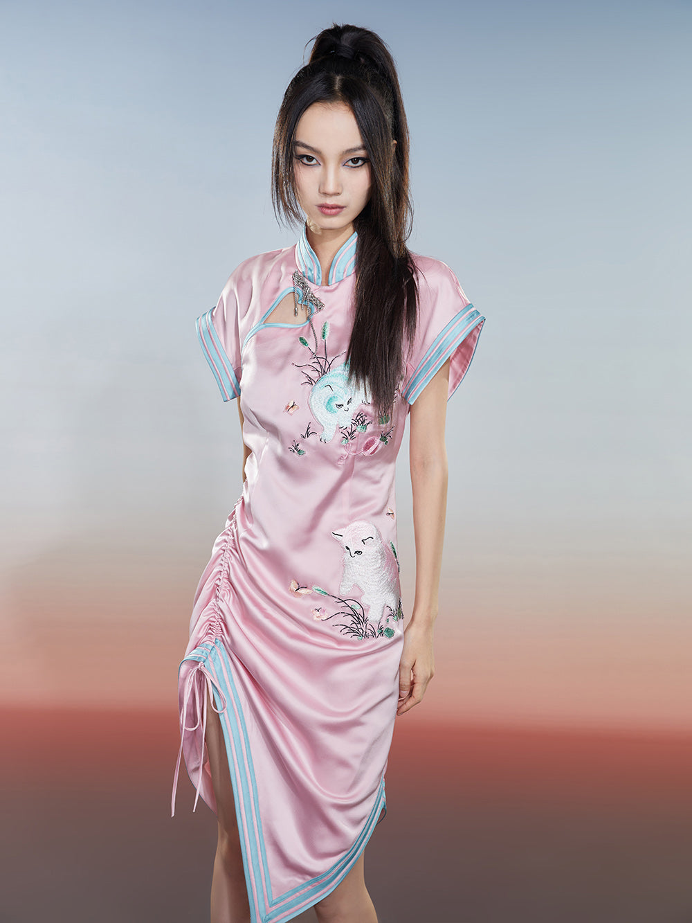 MUKZIN Cat Print Sleeveless Drawstring Cheongsam Qi Pao
