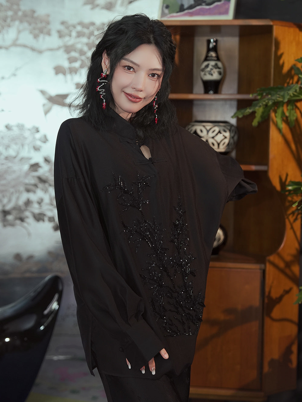 MUKZIN Black Chinese Style Cheongsam Collar Loose Shirt