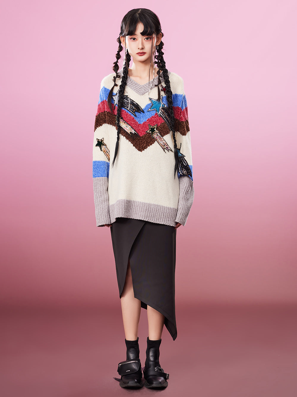 MUKZIN Retro V-neck PatchworkPopular Sweater Contrasting Colors