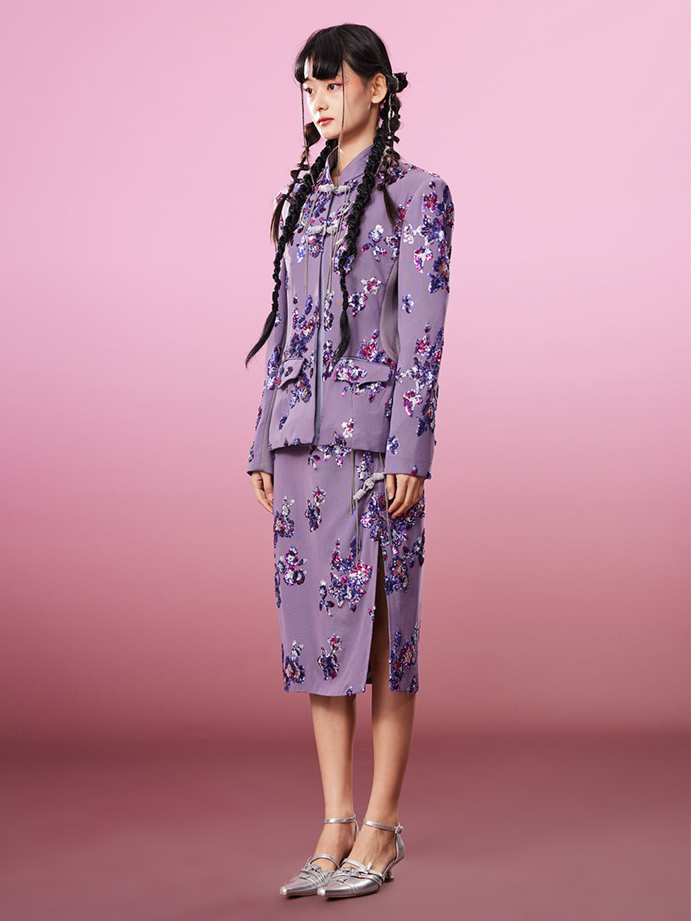 MUKZIN Slim Purple Chinese Style Printed Coat
