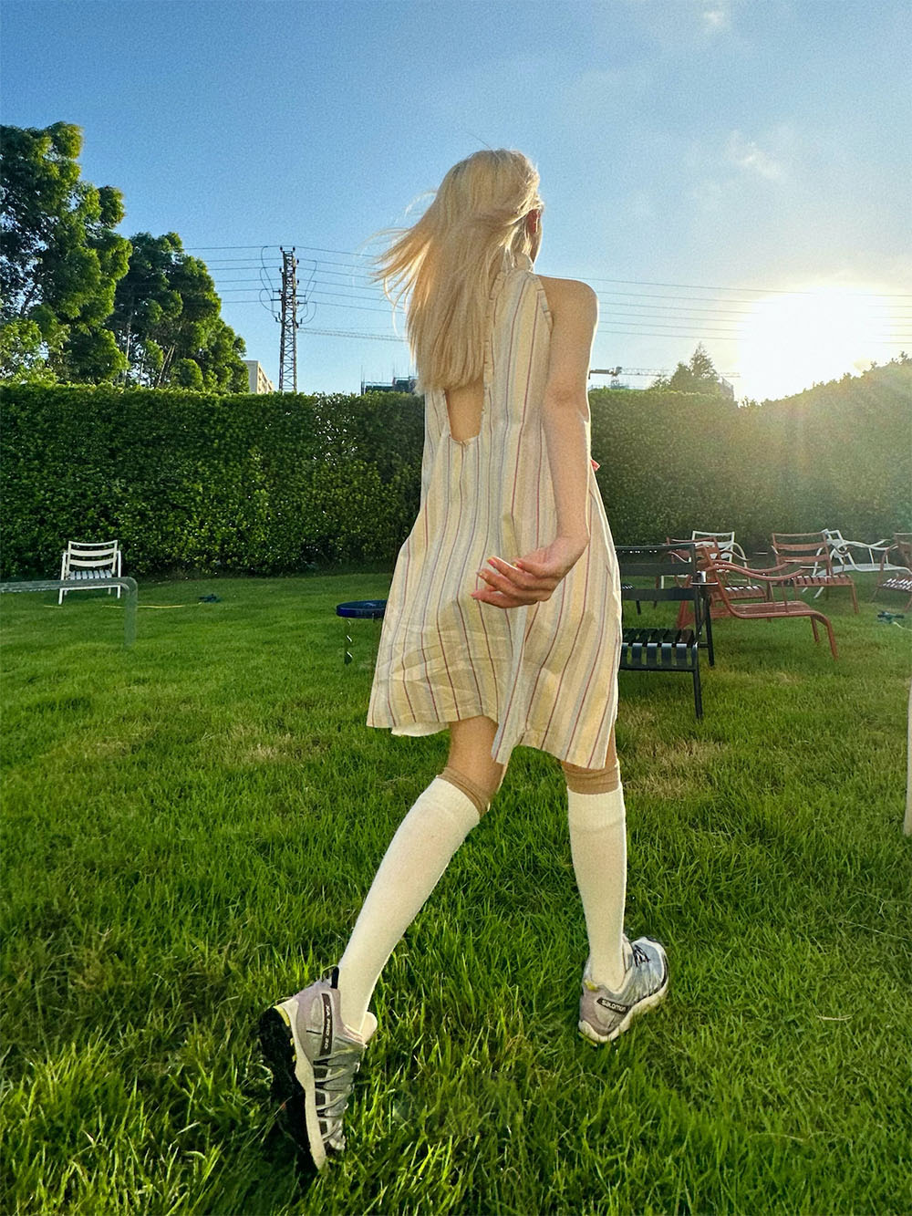MUKTANK x TPG Yellow and White Striped Halter Neck Dress