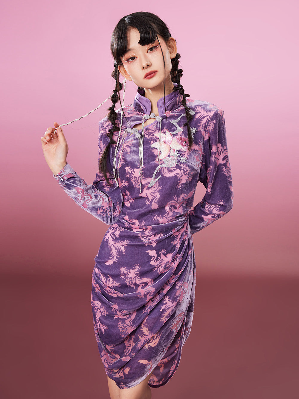 MUKZIN Waist Stand Collar Purple Embroidered Classic Cheongsam Dress