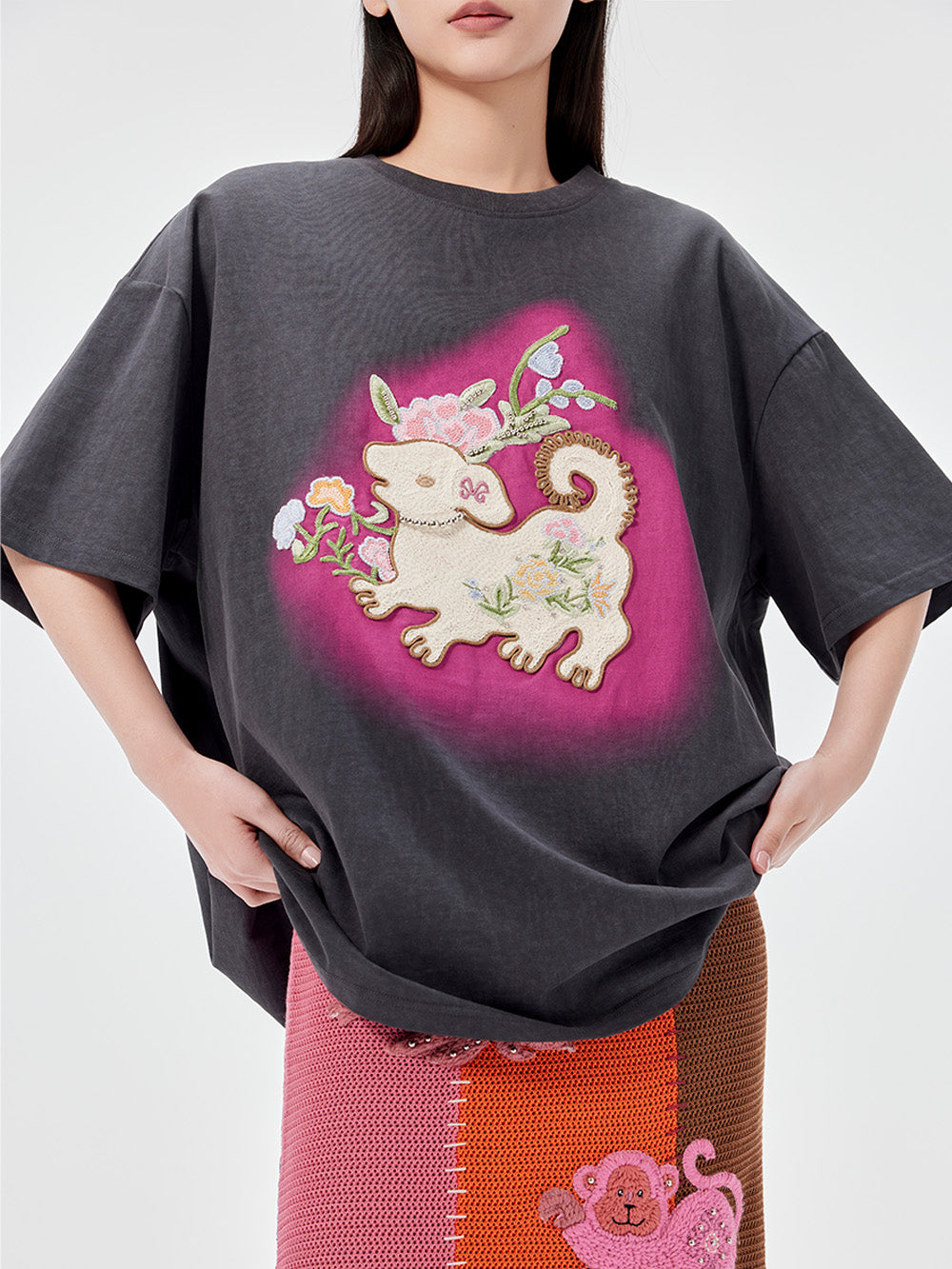 MUKZIN Casual Loose Cute Embroidered Versatile Retro Style T-shirt