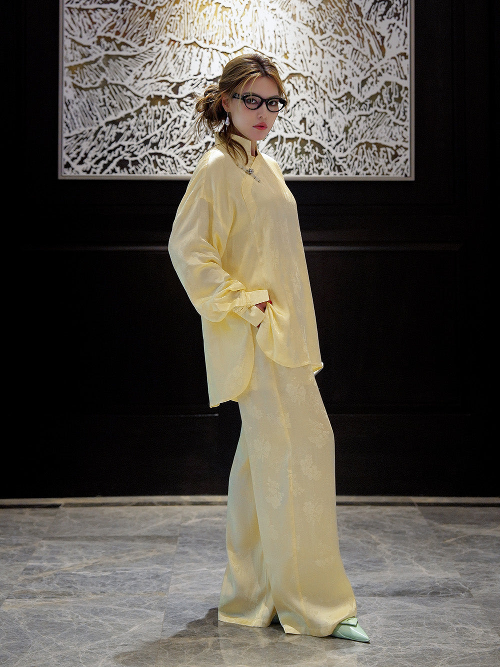 MUKZIN Yellow Jacquard Loose Wide-leg Pants