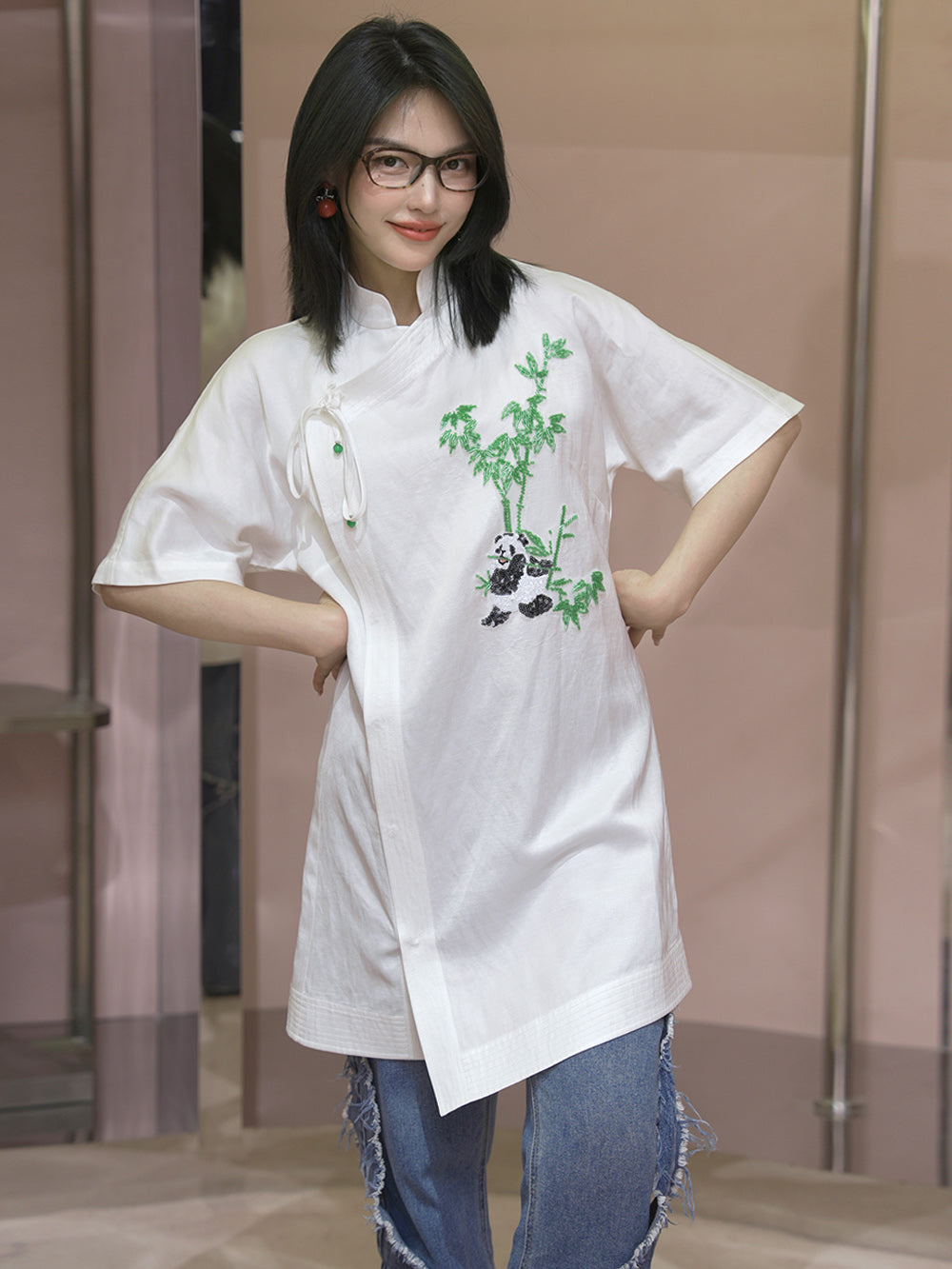 MUKZIN Chinese Style Stand Collar Panda Embroidered Shirt Dress