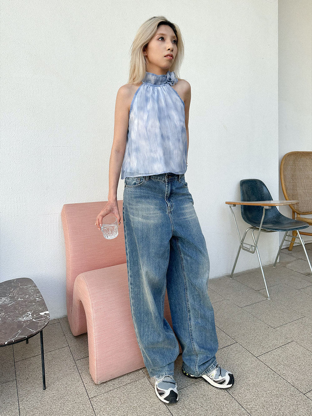 MUKTANK x TWOPLUMGIRLS Tie-Dye Blue Halter Neck Floral Organza Tank Top
