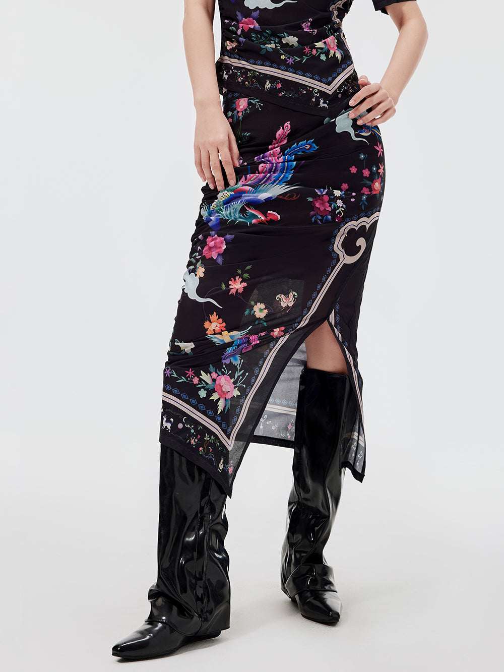 MUKZIN Chinese Style Printed Slit Skirt
