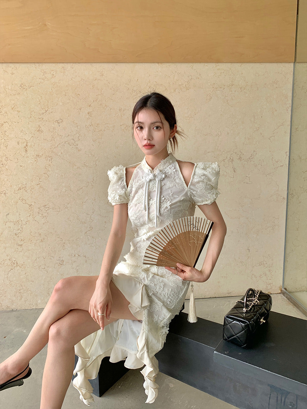 MUKZIN Lace Print Hollow Puff Sleeve Cheongsam Qi Pao