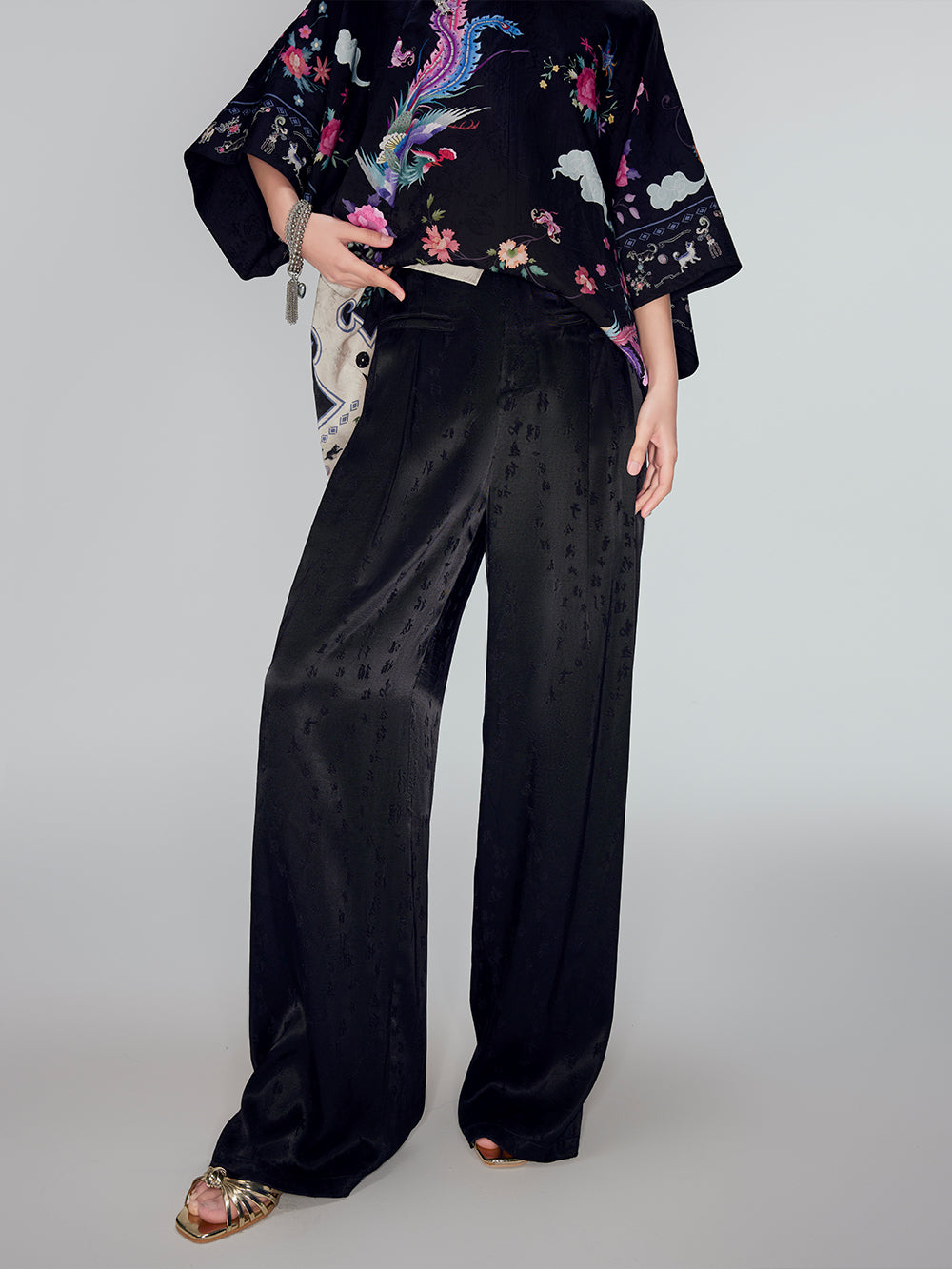 MUKZIN Black Jacquard Casual Wide-leg Pant