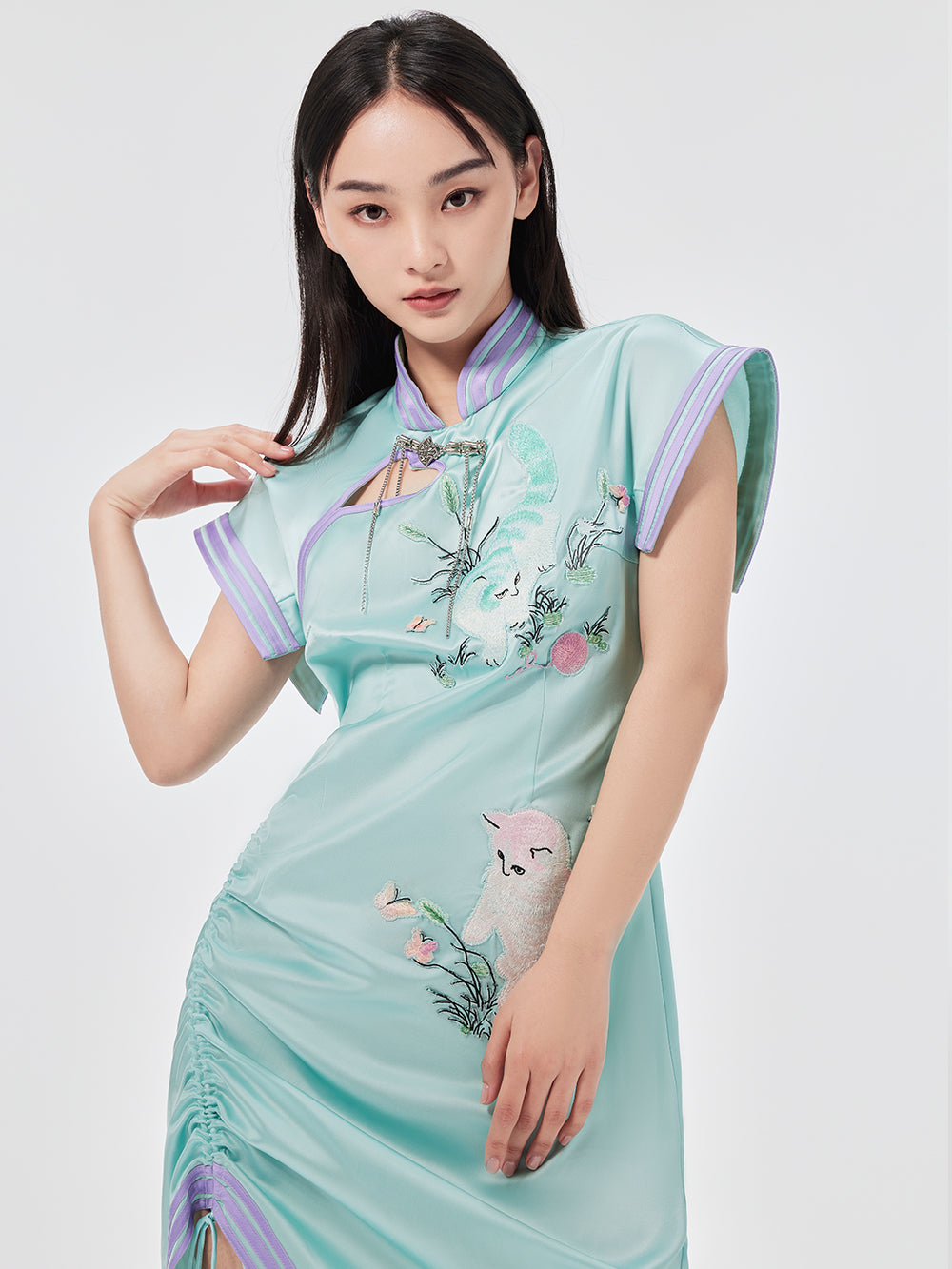 MUKZIN Cat Print Sleeveless Drawstring Cheongsam Qi Pao