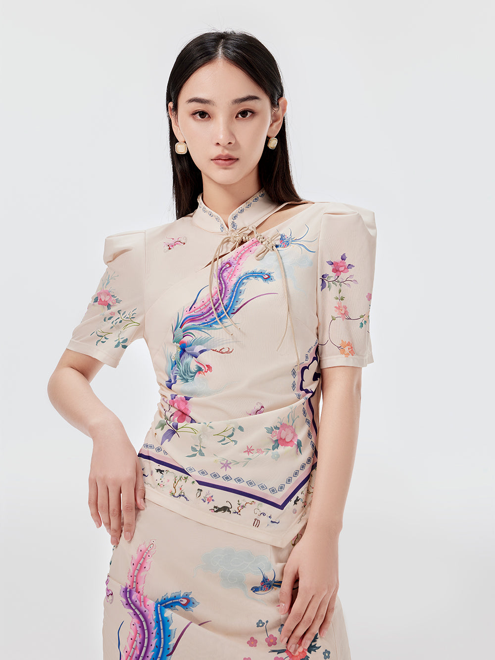 MUKZIN Chinese Style Small Stand Collar Printed Hollow Short T-shirt
