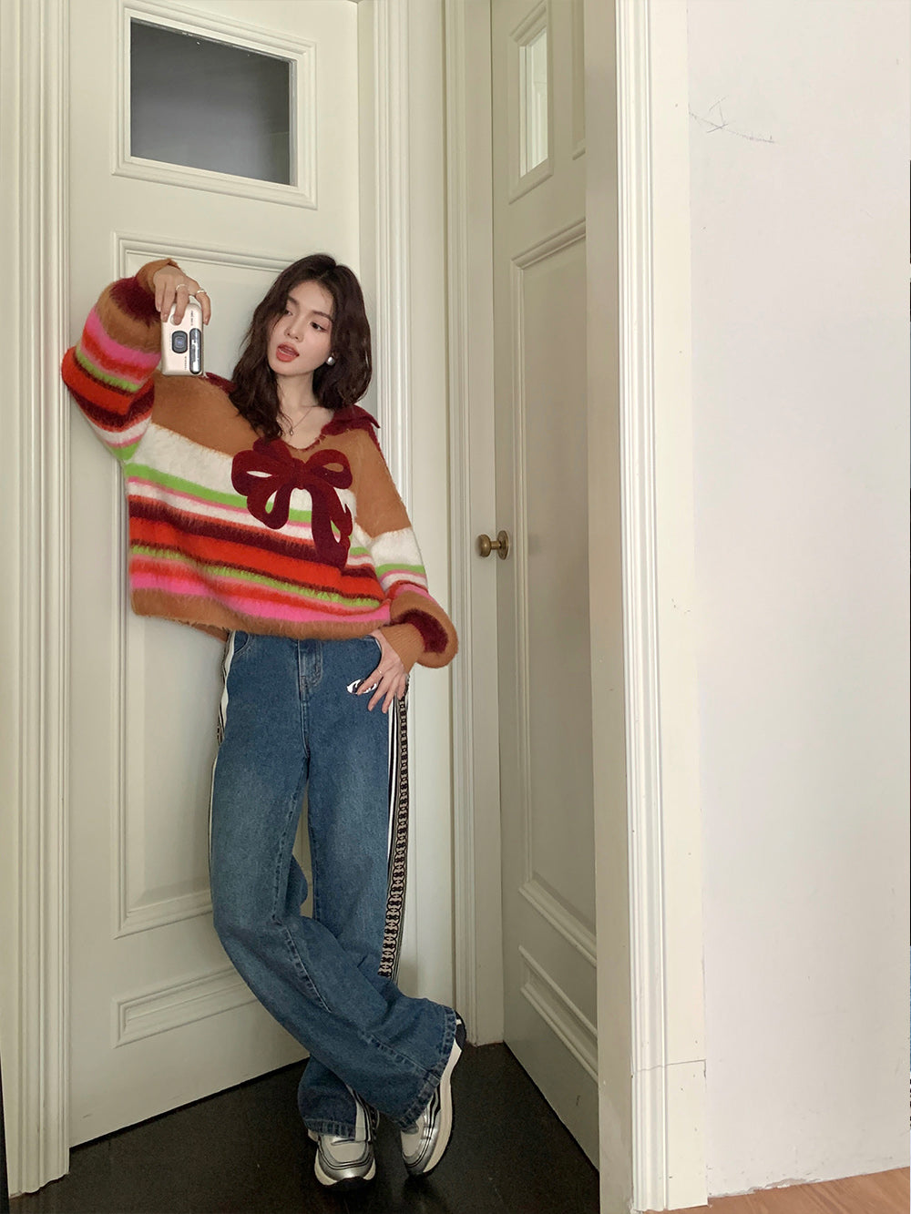 MUKZIN Bow Striped All-match Casual Cute Sweatshirt