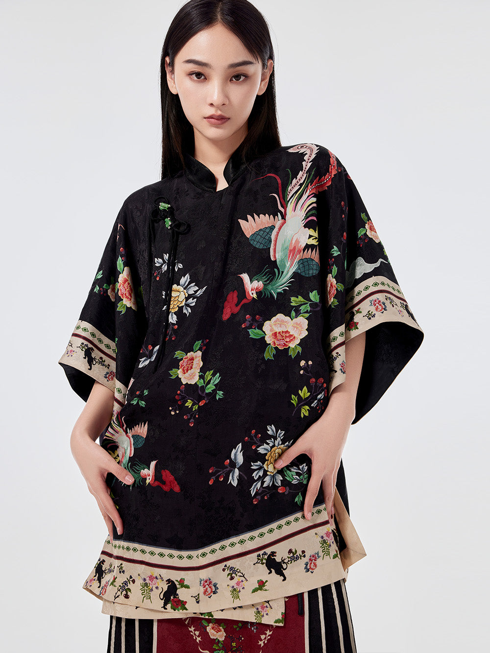 MUKZIN Chinese Stand Collar Printed Half-sleeved Shirt Dresses
