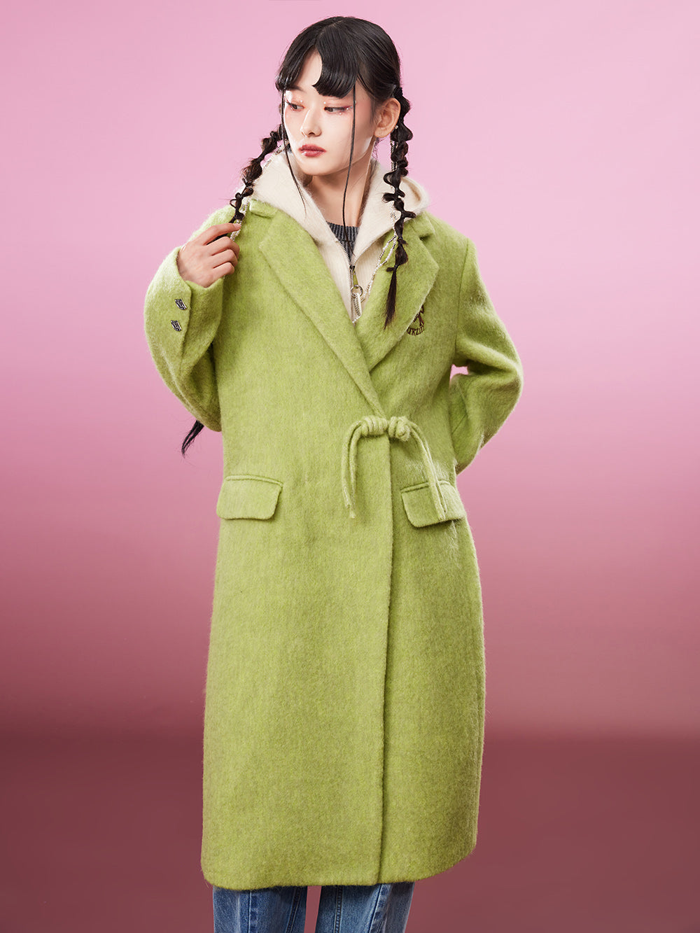 MUKZIN Avocado Green Double-faced Long Woolen Coat