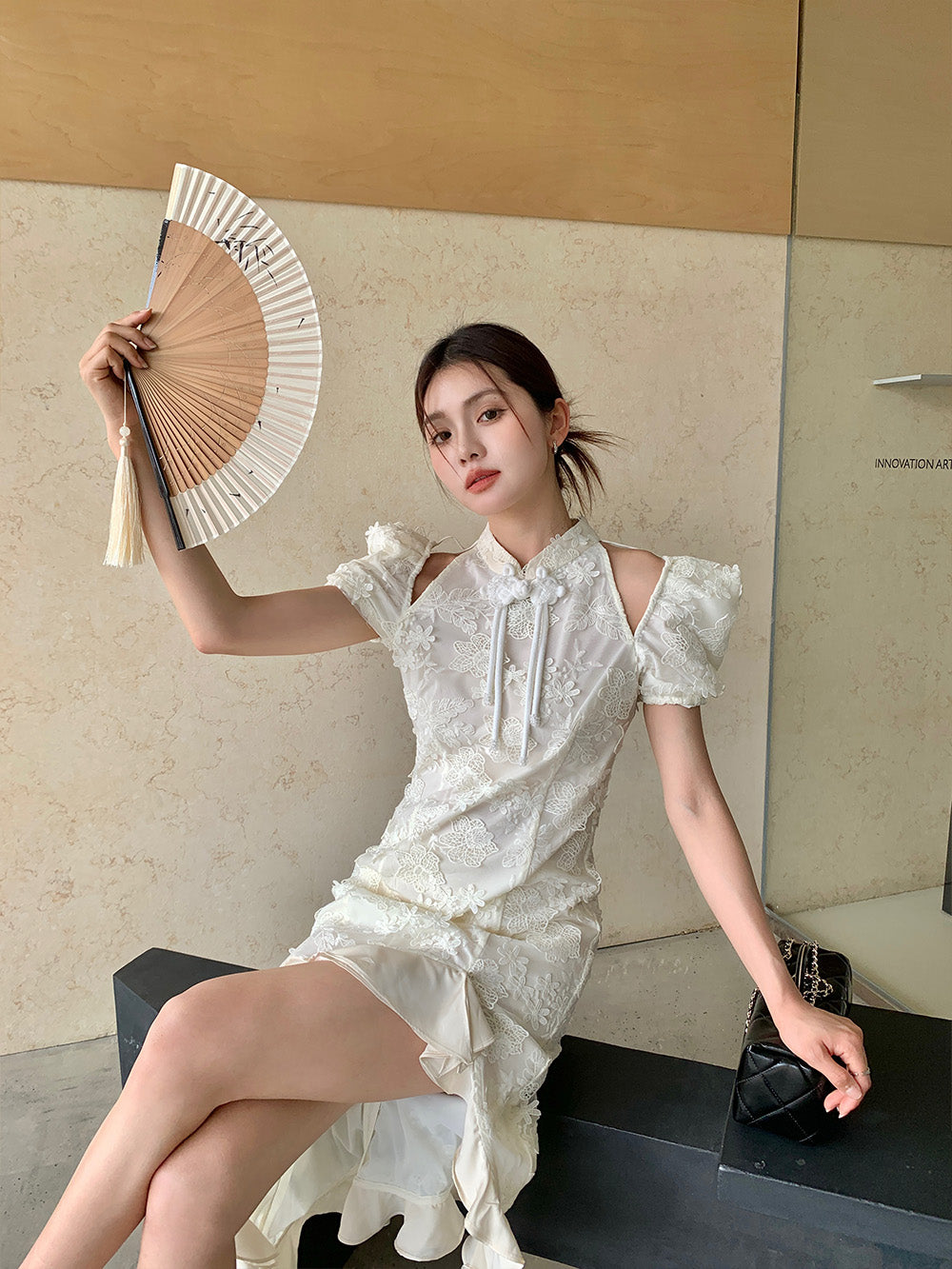 MUKZIN Lace Print Hollow Puff Sleeve Cheongsam Qi Pao