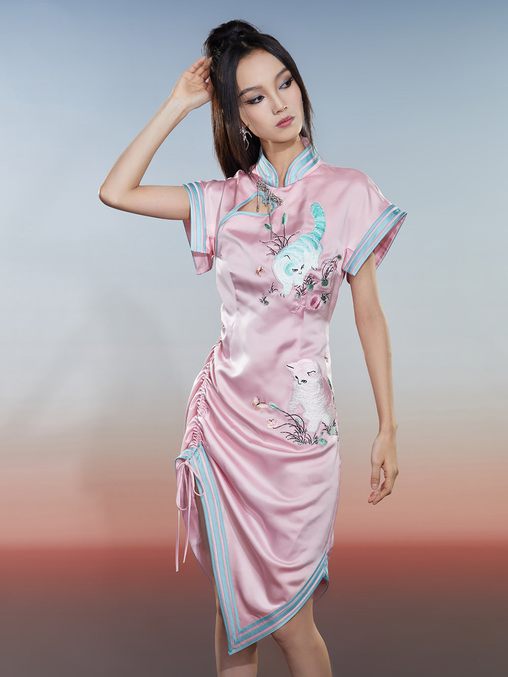 MUKZIN Cat Print Sleeveless Drawstring Cheongsam Qi Pao
