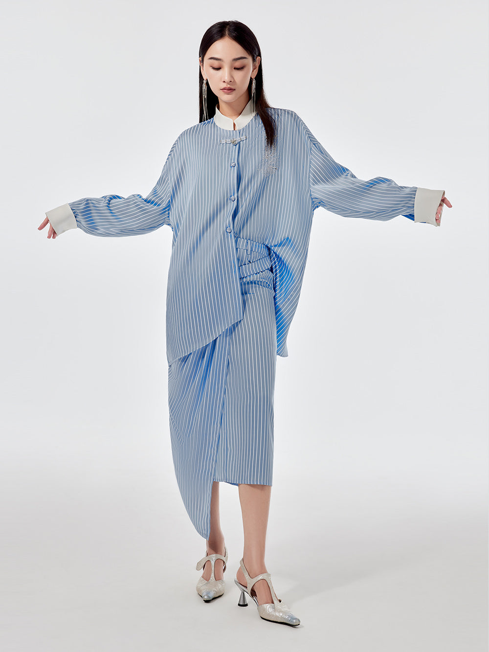 MUKZIN Linglong Series "Biluo" Blue and White Striped Improved Tang Suit Shirt