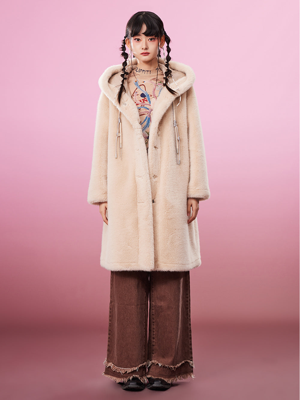MUKZIN Cute Warm Long Beige Fur Coat