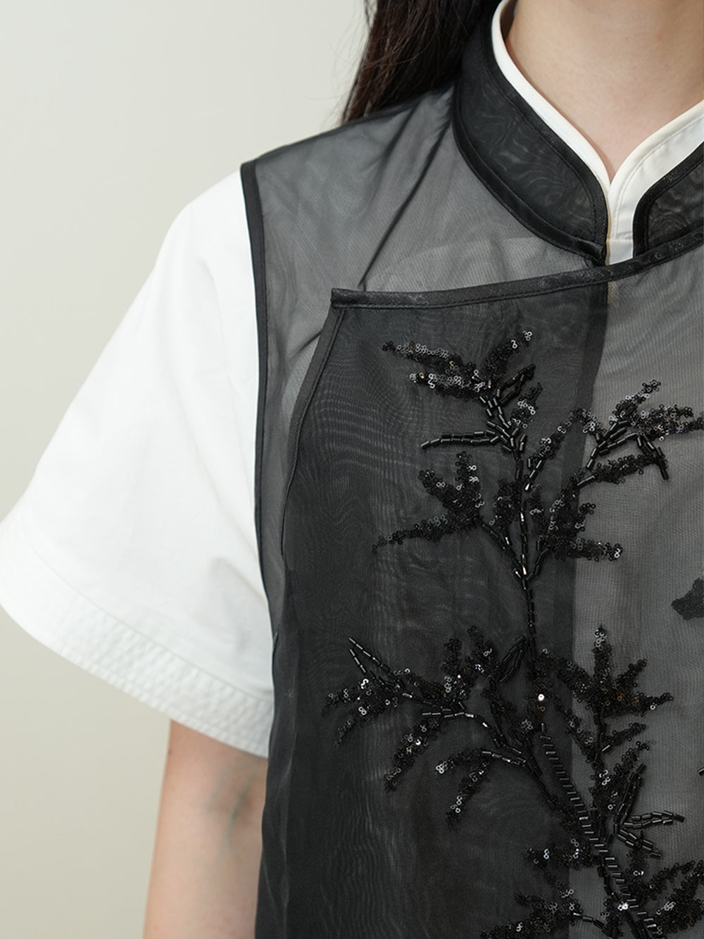 MUKZIN Black See-through Bamboo Leaf Embroidered Vest