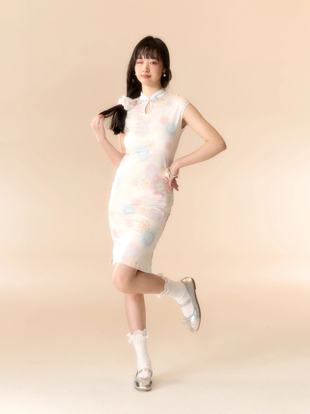MUKTANK x LOUMUTAKU Mengze "Colorful Summer" niche girl kaleidoscope fireworks cheongsam collar dress set kaleidoscope dress