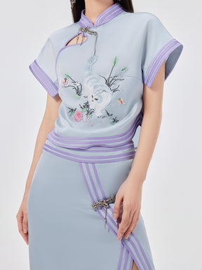 MUKZIN Cat Embroidered Chinese Style Cheongsam Short T-shirt