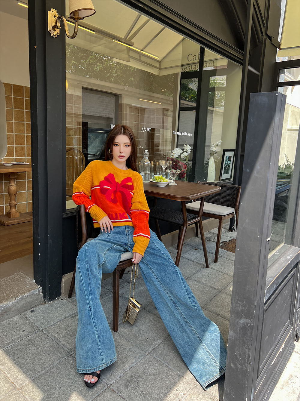 MUKZIN Bowknot Ginger and Red Color Blocking Sweater