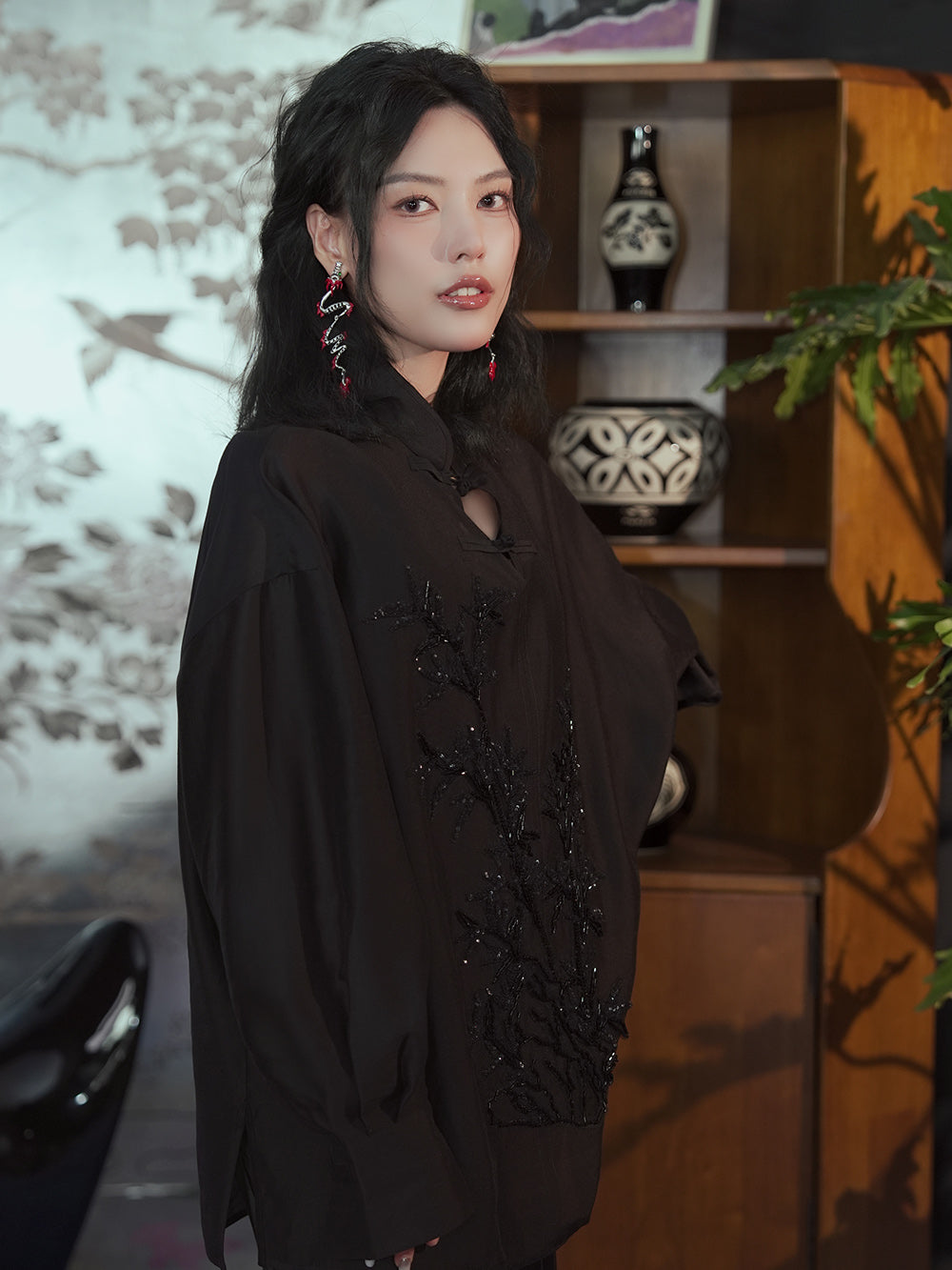 MUKZIN Black Chinese Style Cheongsam Collar Loose Shirt