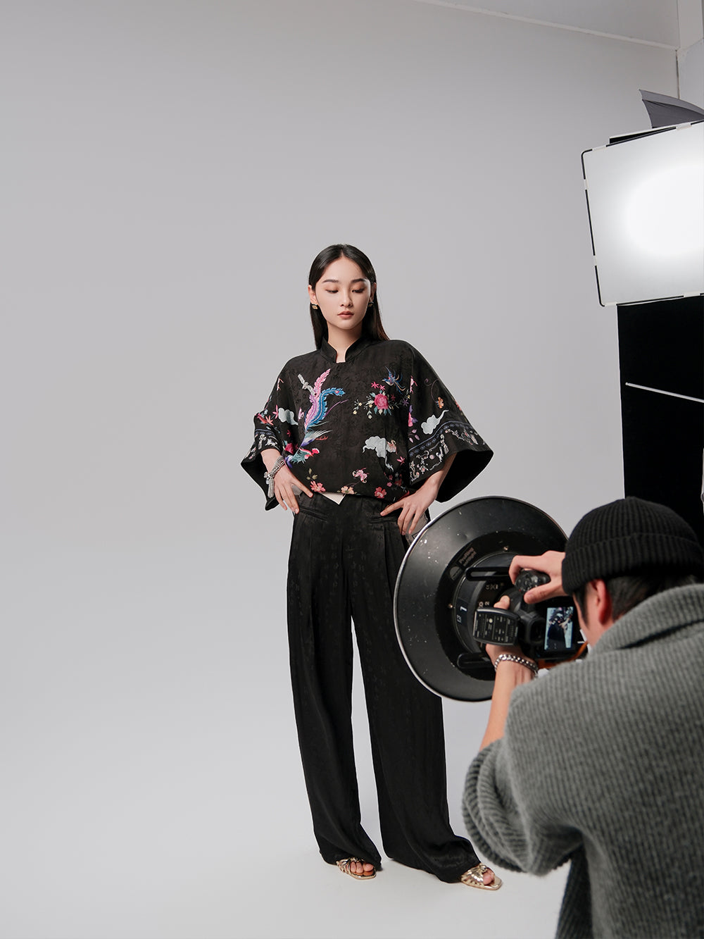 MUKZIN Black Jacquard Casual Wide-leg Pant