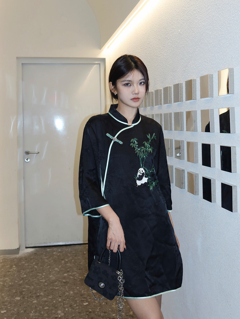 MUKZIN Black Panda Embroidered Cheongsam Dress