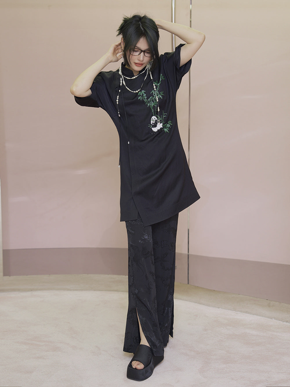 MUKZIN Chinese Style Stand Collar Panda Embroidered Shirt Dress