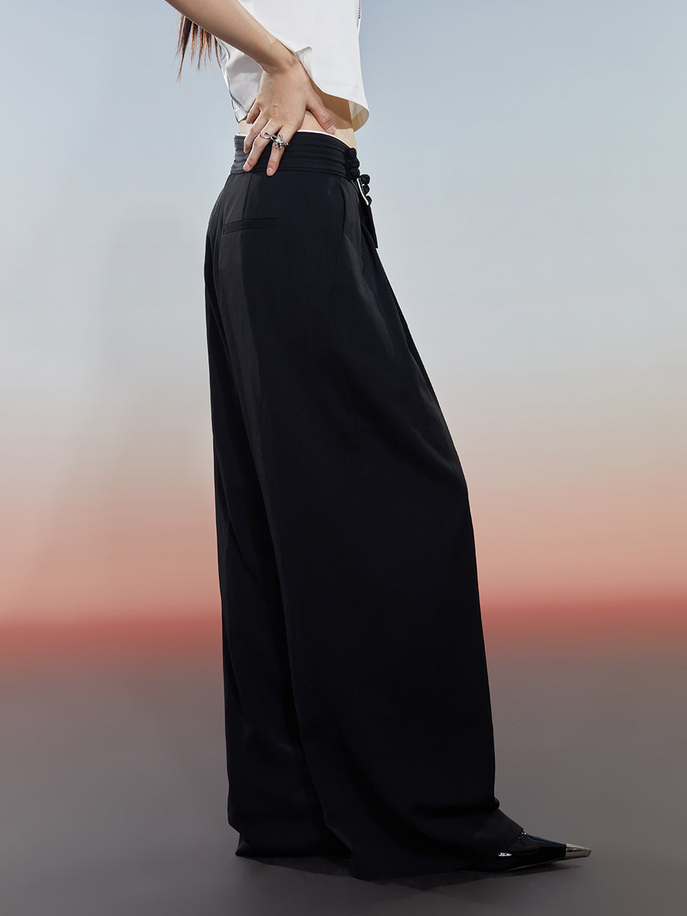MUKZIN Black Loose Suit Pants with Crossover Design at the Waist