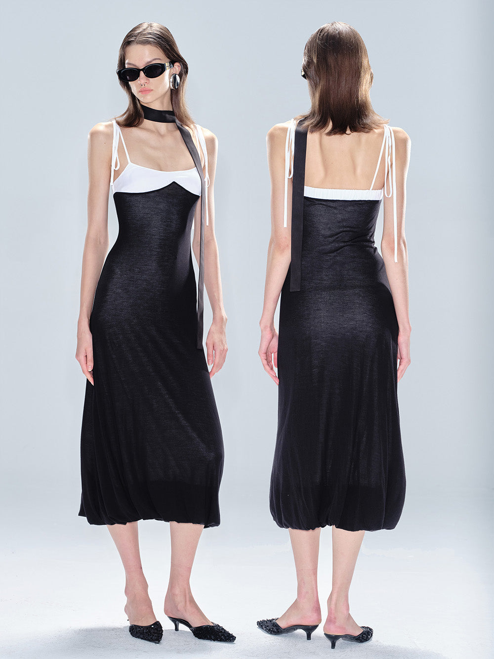 MUKTANK x MODULER Silk and Tencel Colorblock Strap Fitted Dress