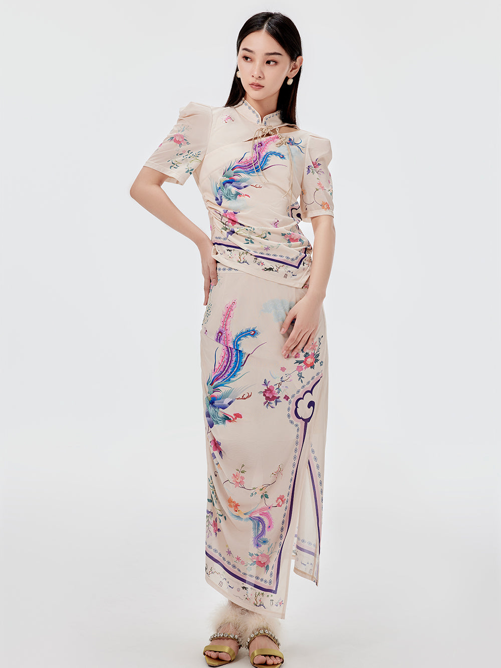 MUKZIN Chinese Style Printed Slit Skirt