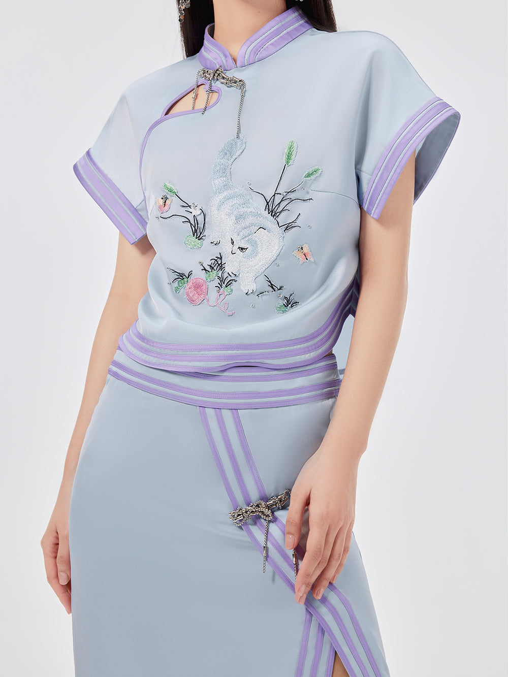 MUKZIN Chinese Style Cat Embroidery Print Slit Midi Skirt