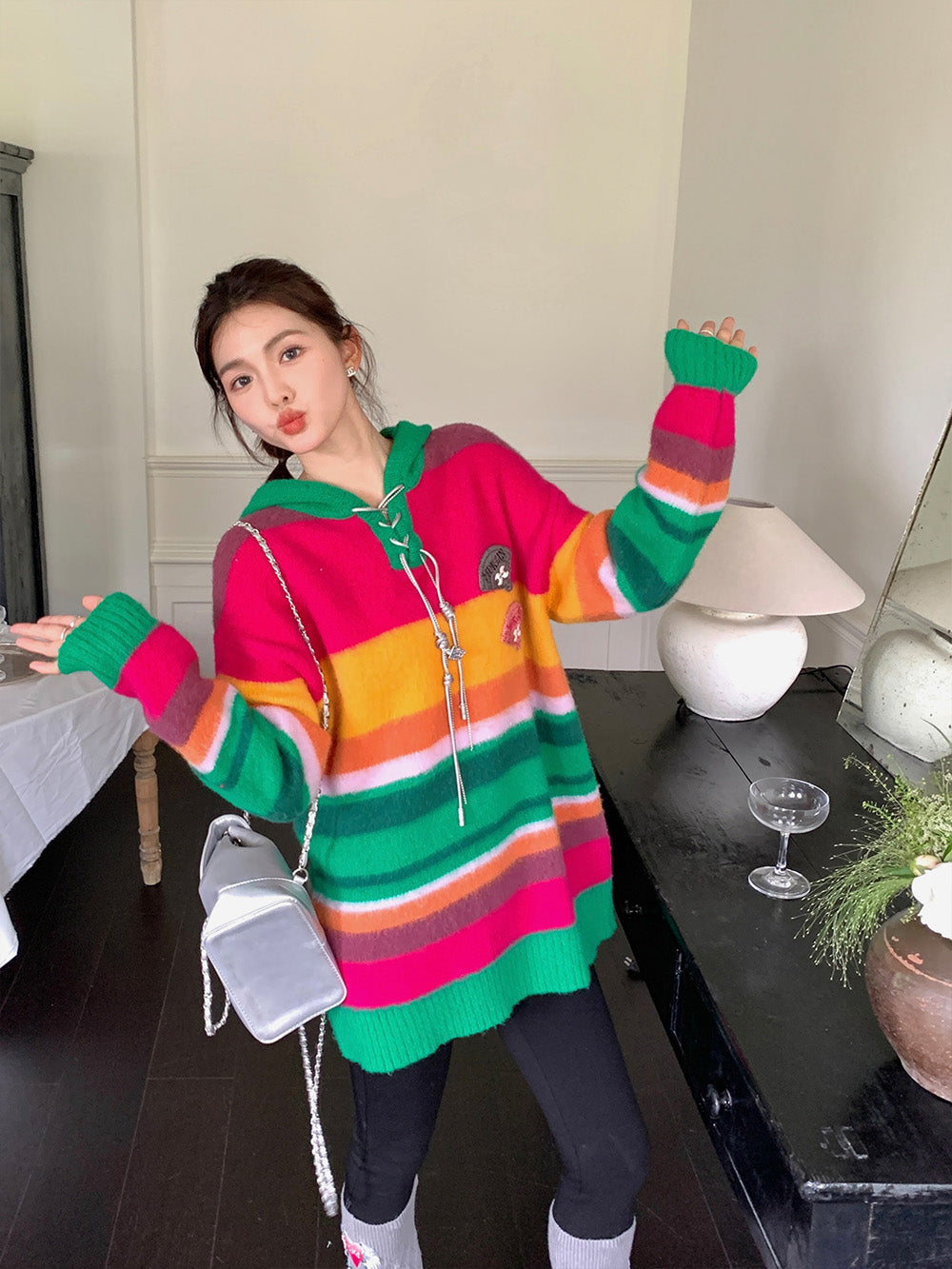 MUKZIN Ginger Rose Red Green Yarn Hooded Sweater