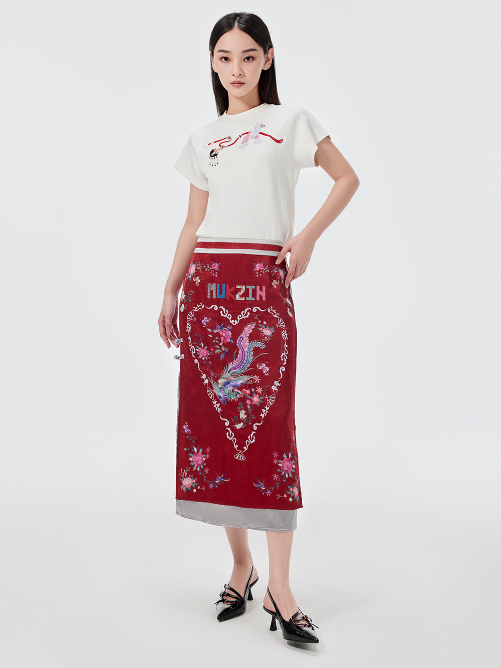 MUKZIN Red Embroidered Chinese Ethnic Style Midi Skirt