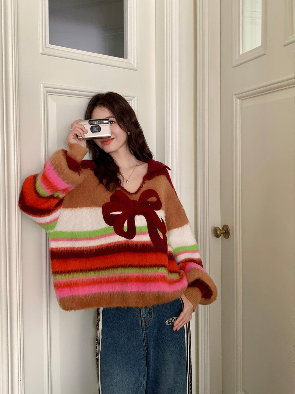 MUKZIN Bow Striped All-match Casual Cute Sweatshirt