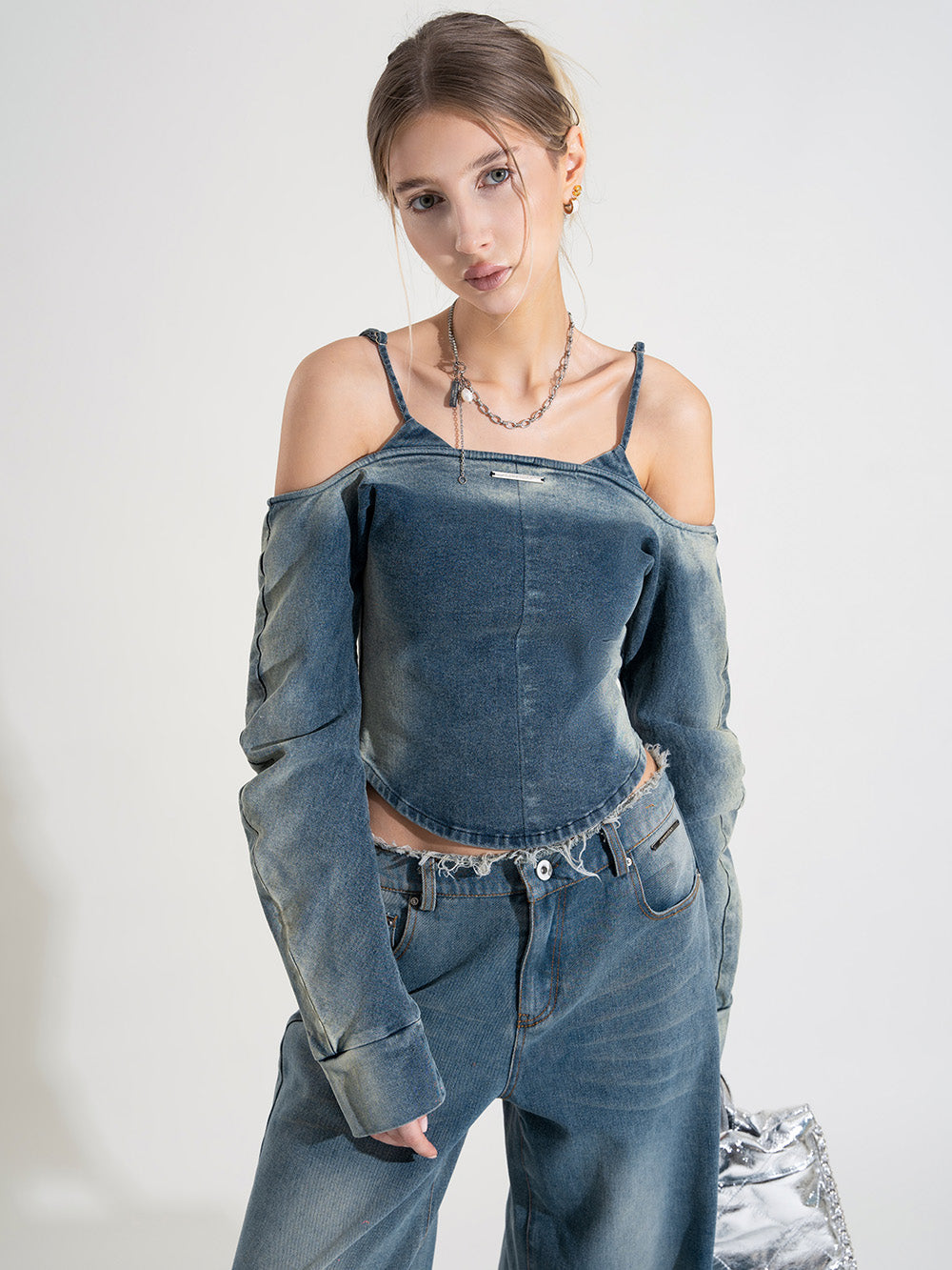 Off shoulder denim online crop top