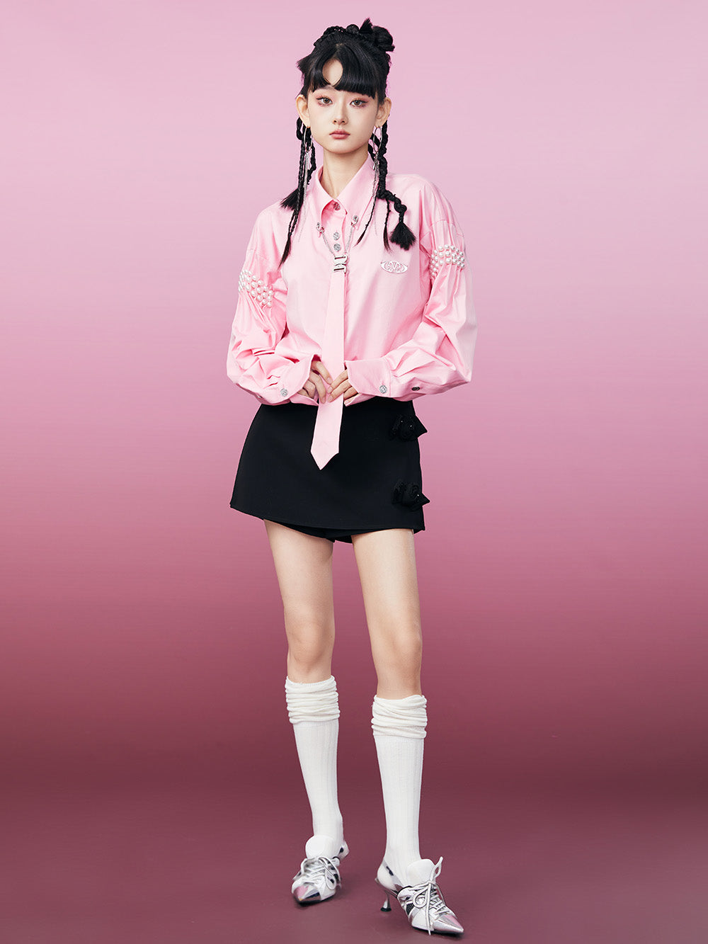 MUKZIN Pink Fashion Pearl Embellished Long Sleeve Shirt (With Tie)