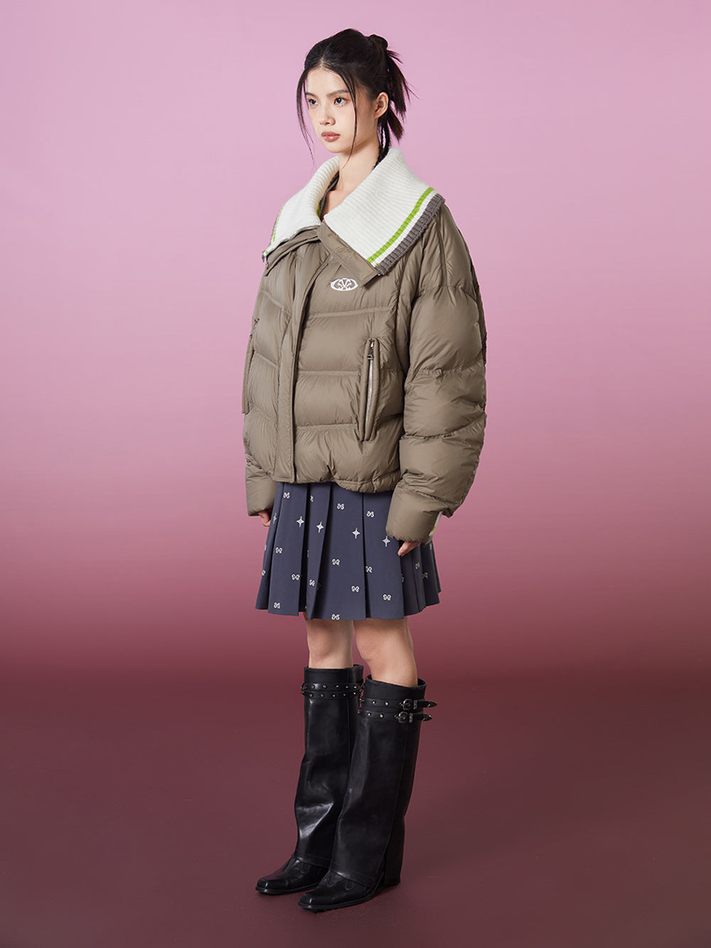 MUKZIN  Khaki Green Warm Versatile Down Jacket with Detachable Collar