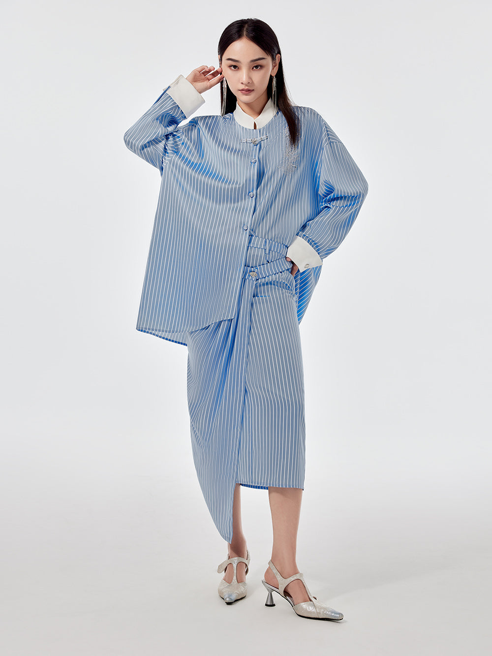 MUKZIN Linglong Series "Biluo" Blue and White Striped Improved Tang Suit Shirt