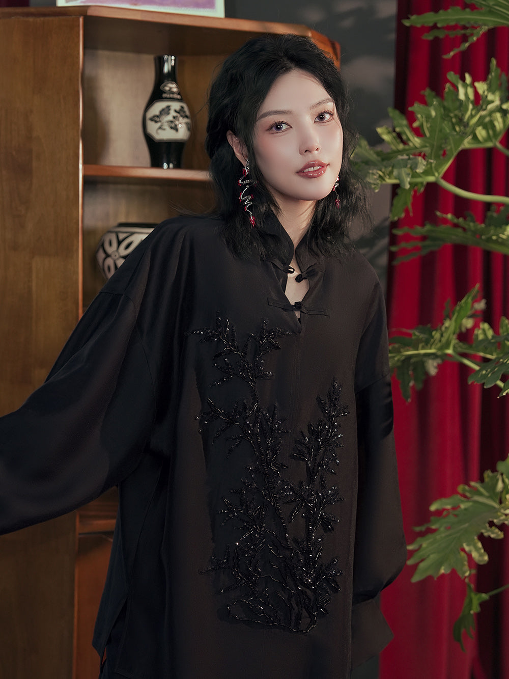MUKZIN Black Chinese Style Cheongsam Collar Loose Shirt