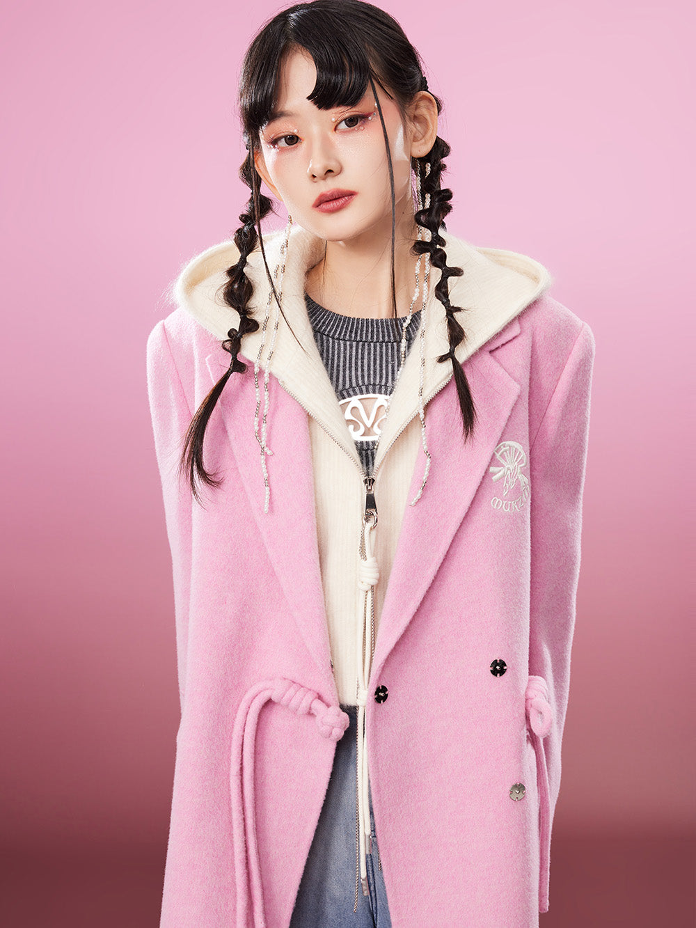 MUKZIN Gray/Pink Lively Double-faced Woolen Coat