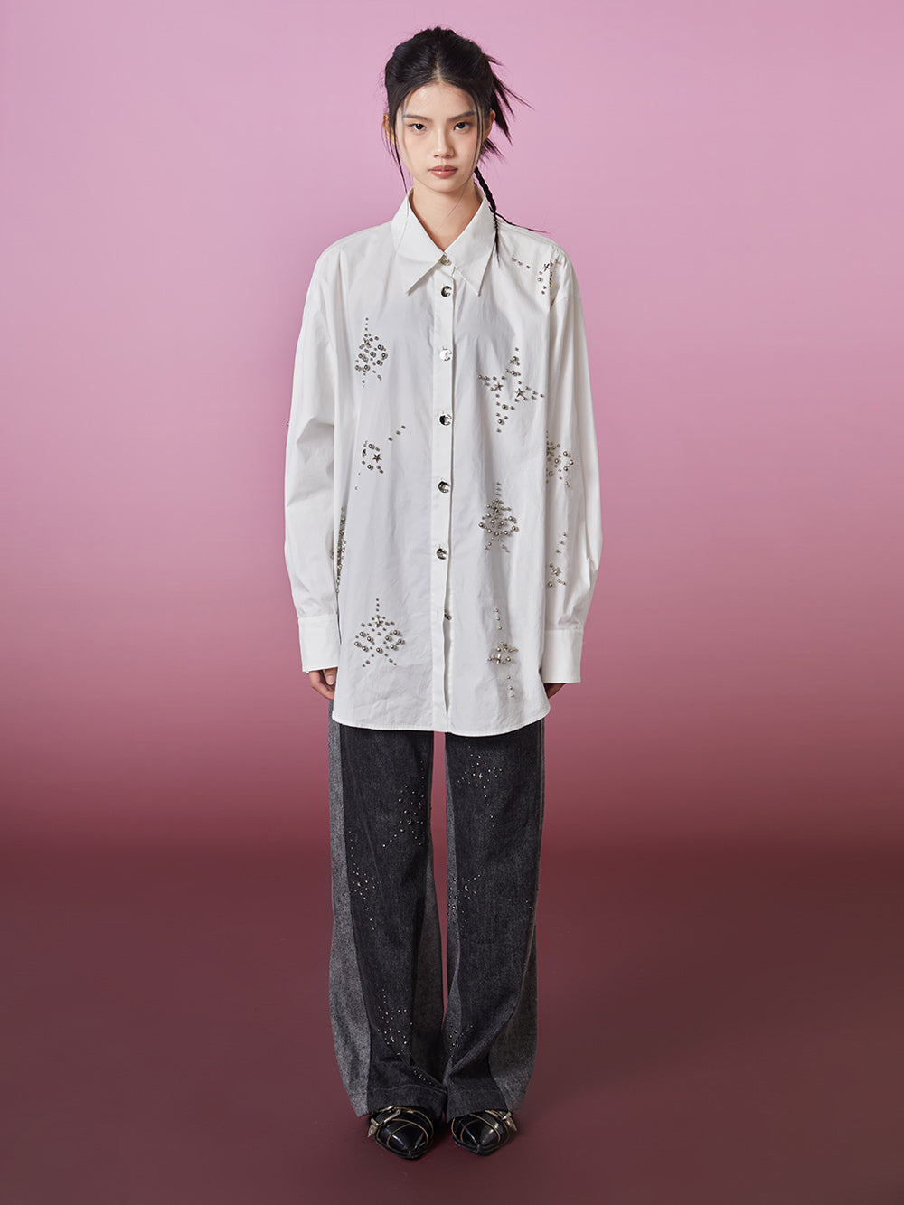 MUKZIN Silver Rivets Loose-fitting White Shirt