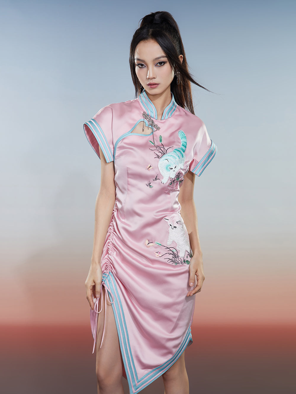 MUKZIN Cat Print Sleeveless Drawstring Cheongsam Qi Pao